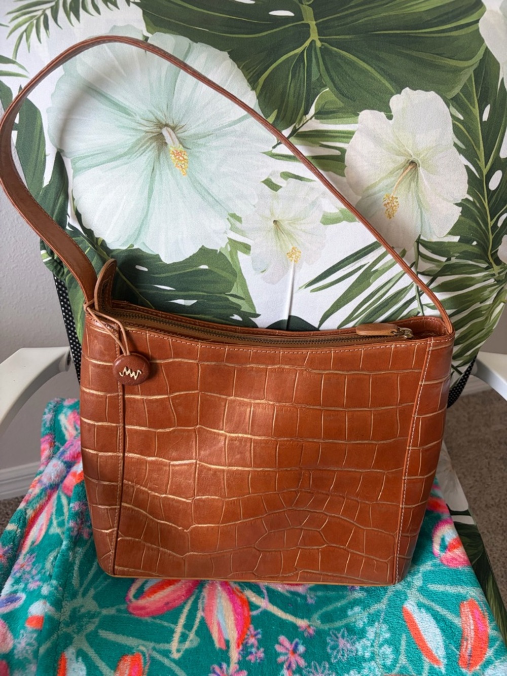 Brown Croc-Embossed Vegan Leather Shoulder Bag by Monsac